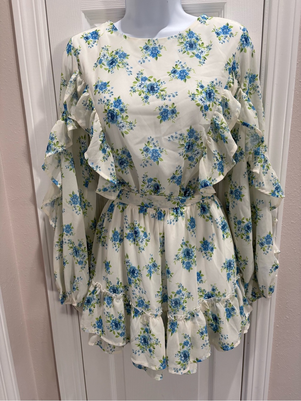 Flying Tomato Blue Floral Ruffle Romper on Cream
